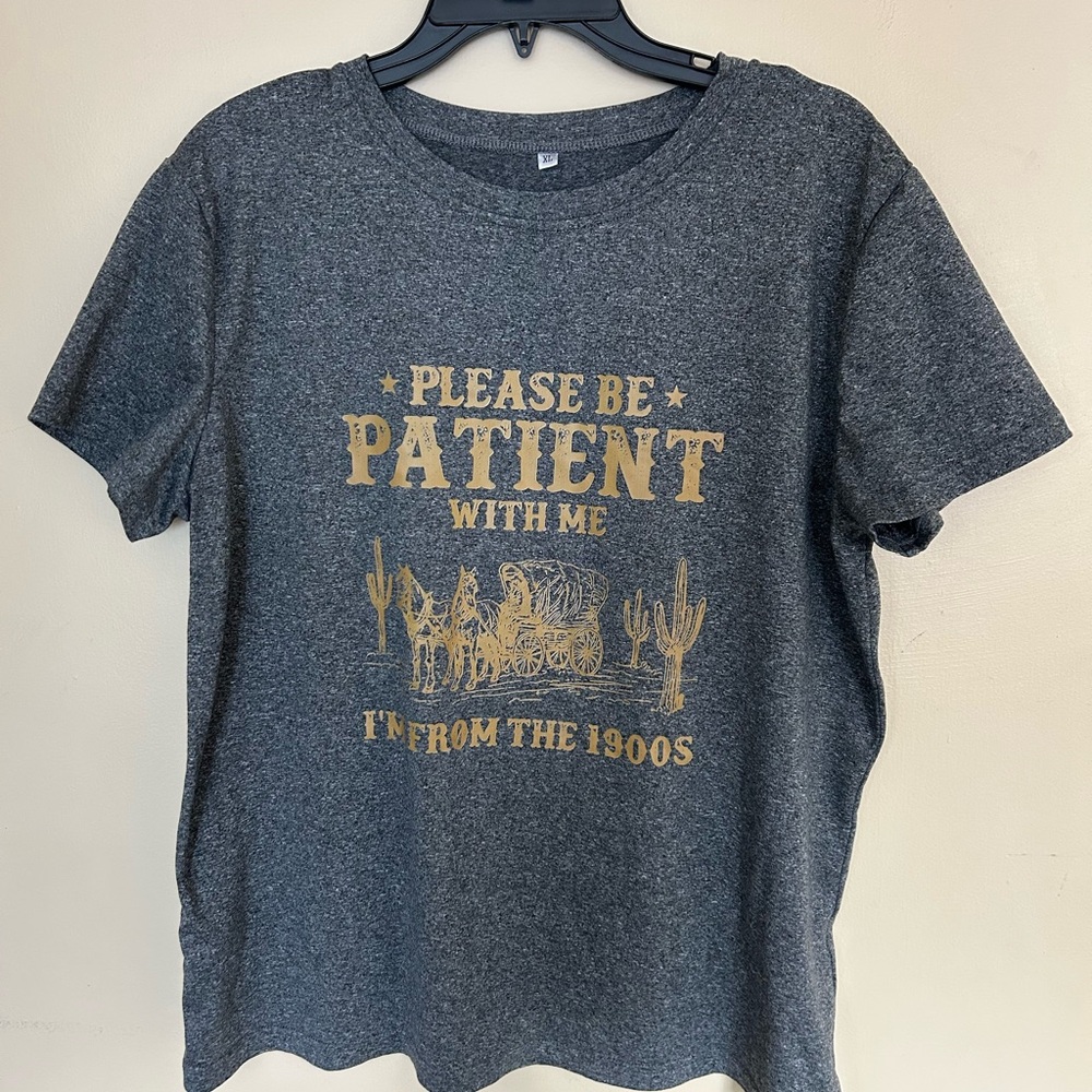 Please Be Patient Graphic Tee - Charcoal with Gold Print